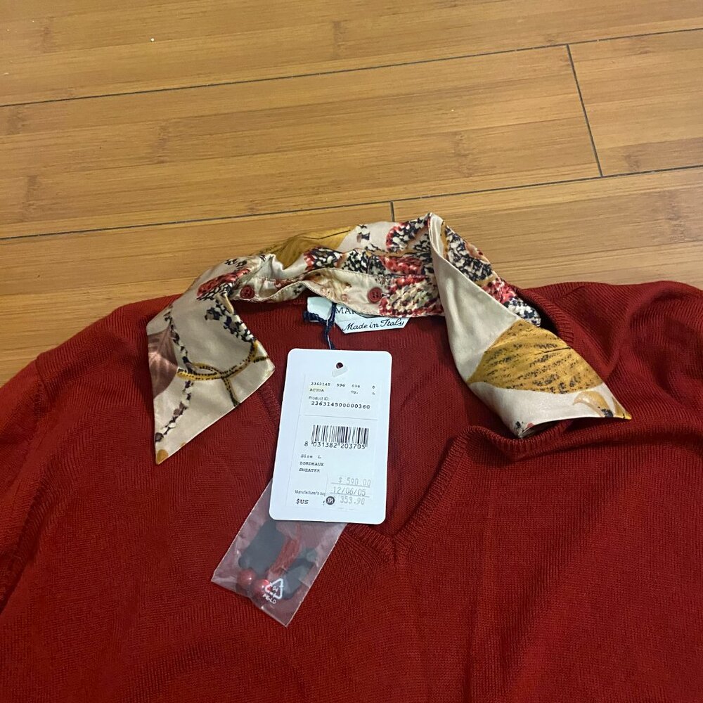 Marina Rinaldi Bordeaux Wool Sweater with Silk Detachable Collar - Red NWT Large - Picture 2 of 6